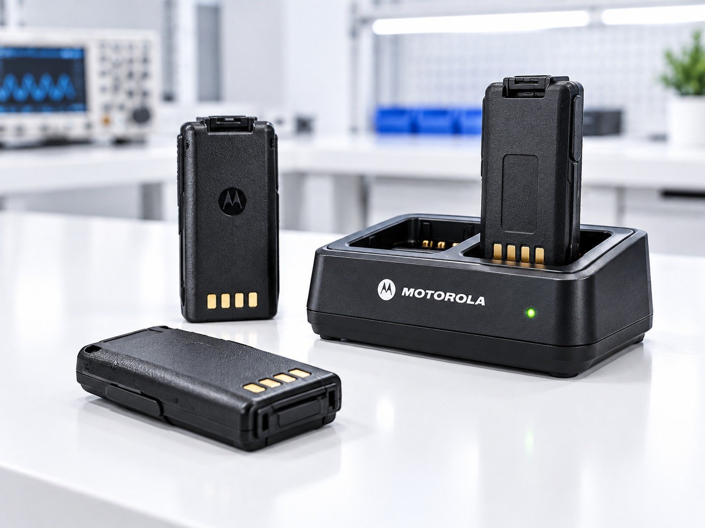Motorola radio batteries and charger on a technical service workbench