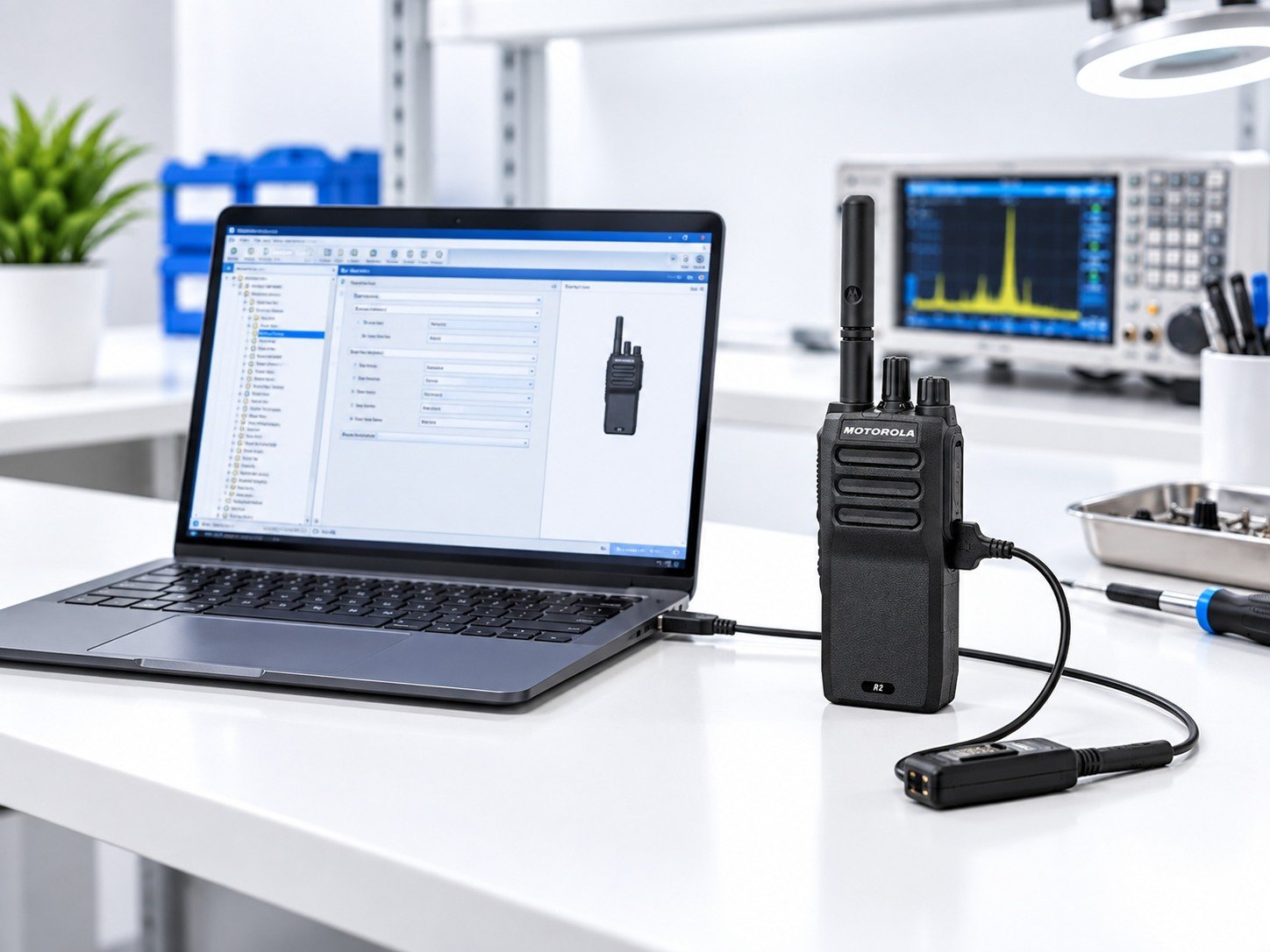 Motorola radio connected to notebook for programming and configuration