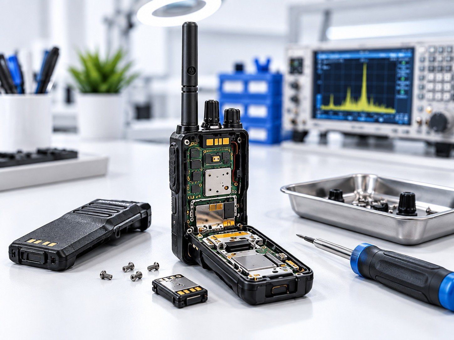 Two-way radio opened on a workbench for inspection and electronic repair