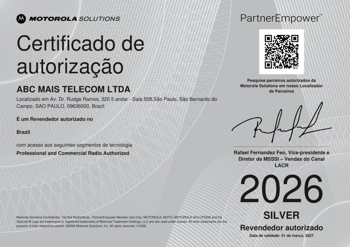 ABC Mais Telecom Motorola Solutions PartnerEmpower 2026 Silver authorized reseller certificate