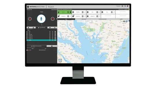 Interface de despacho Motorola WAVE PTX com mapa e grupos de comunicação em um monitor