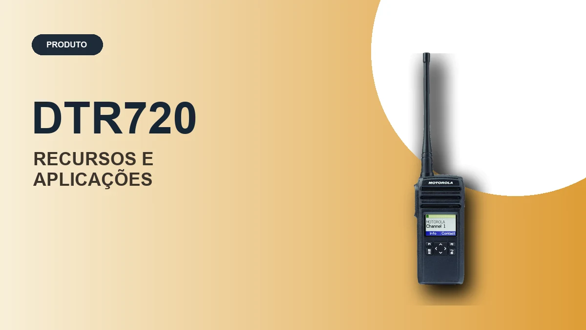 Fotografia oficial do rádio Motorola DTR720 em composição editorial | ABC Mais Telecom