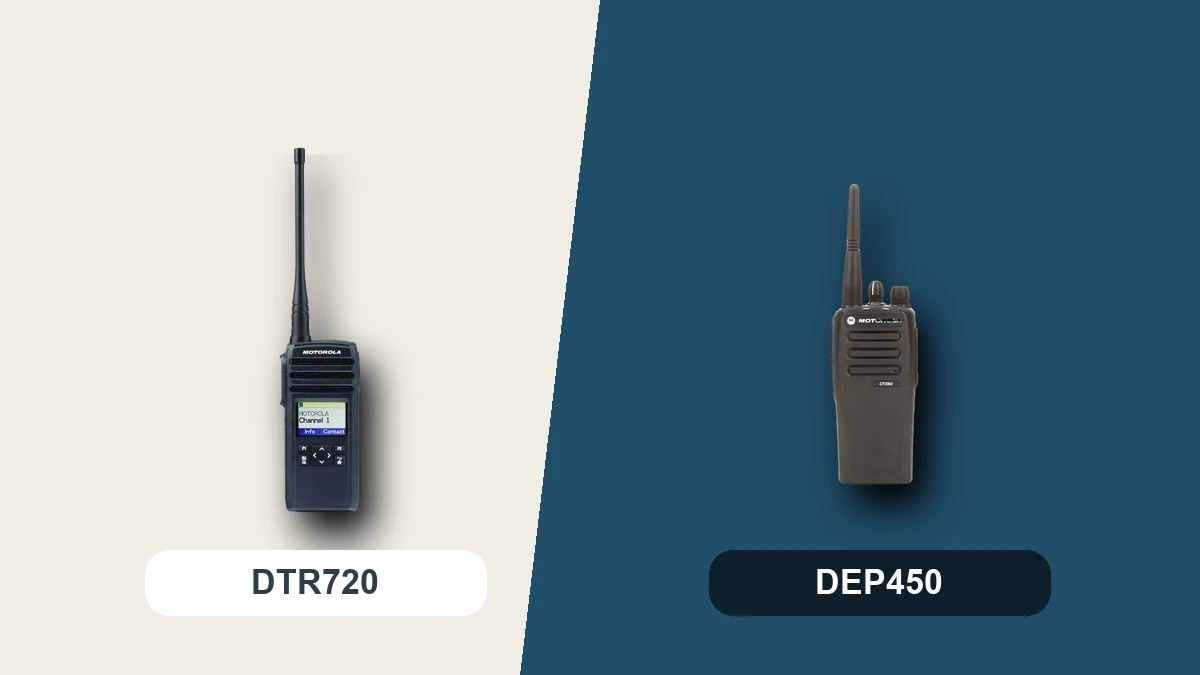 Fotografias oficiais dos rádios Motorola DTR720 e DEP450 em comparação | ABC Mais Telecom