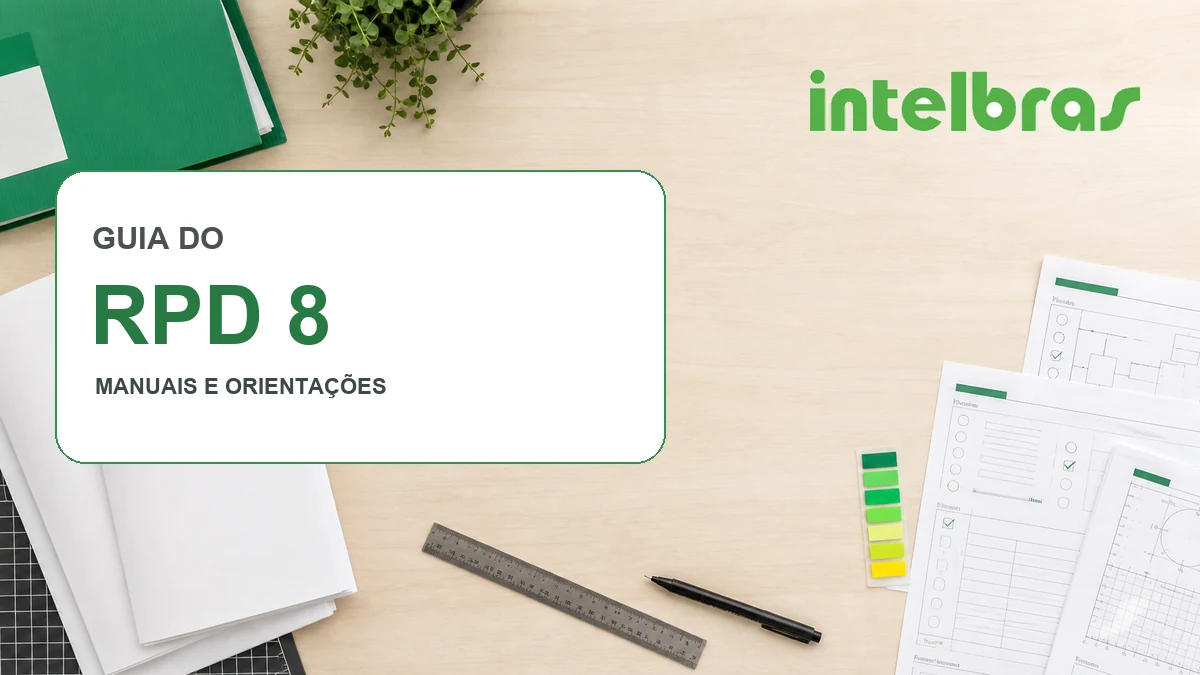 Mesa técnica com manuais e logotipo oficial Intelbras no guia do RPD 8 | ABC Mais Telecom