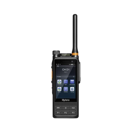 Rádio híbrido Hytera PDC680, vista frontal oficial com antena e base inteiras