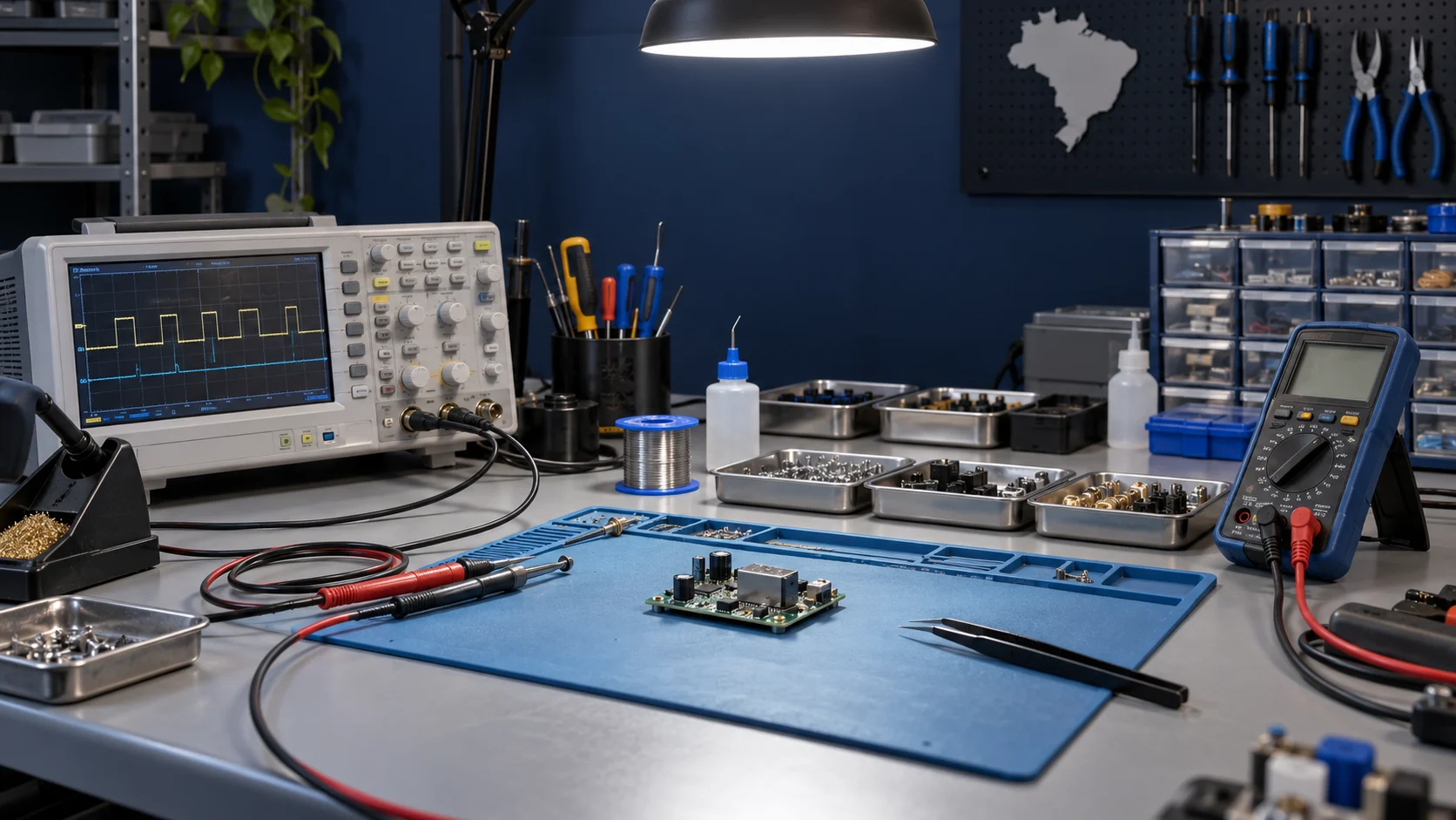 Bancada de eletrônica com instrumentos de medição, placa e ferramentas organizadas